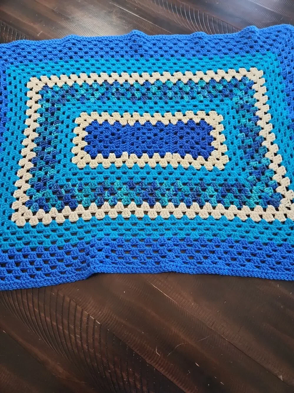 Handmade Crochet Afghan Blanket Blue Turquoise Cream Granny Stitch 38x28